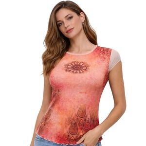 Vintage B Time Y2K Ivory Orange Semi-Sheer Grunge Graphic Mesh Tee Size Medium